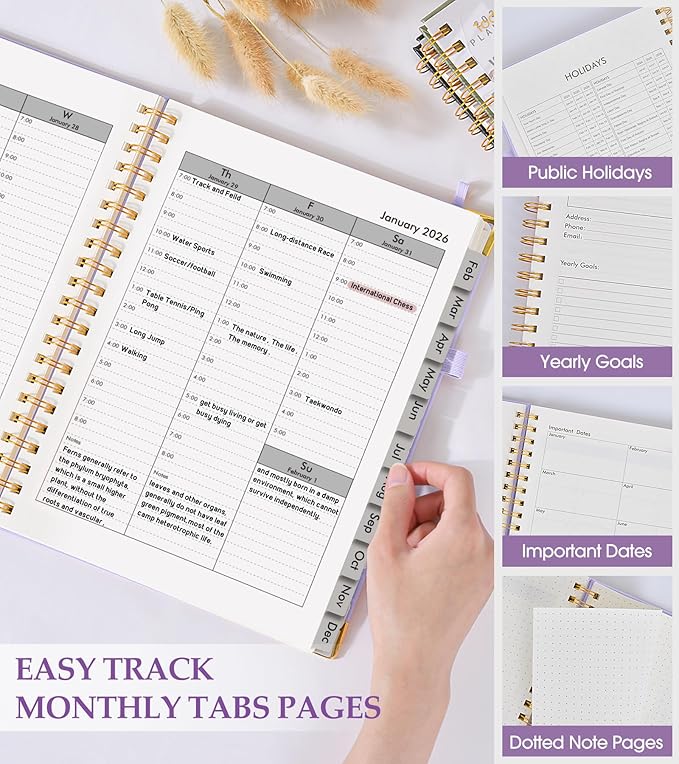 2026 Planner, Weekly and Monthly Calendar Planner from January 2026 - December 2026, 5.75" x 8.38" Hardcover Leather Hourly Appointment Book with Tabs, A5 Spiral Daily Planners for College School Work Home, Purple