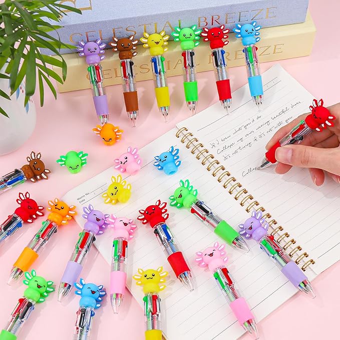 CZWZ 30Pcs Mini Multicolor Pens in One 4-in-1 Cute Pens Bulk, Ballpoint Pen for Birthdays and Parties, Fun Gifts Assorted Ink Kawaii Pen(Axolotl)