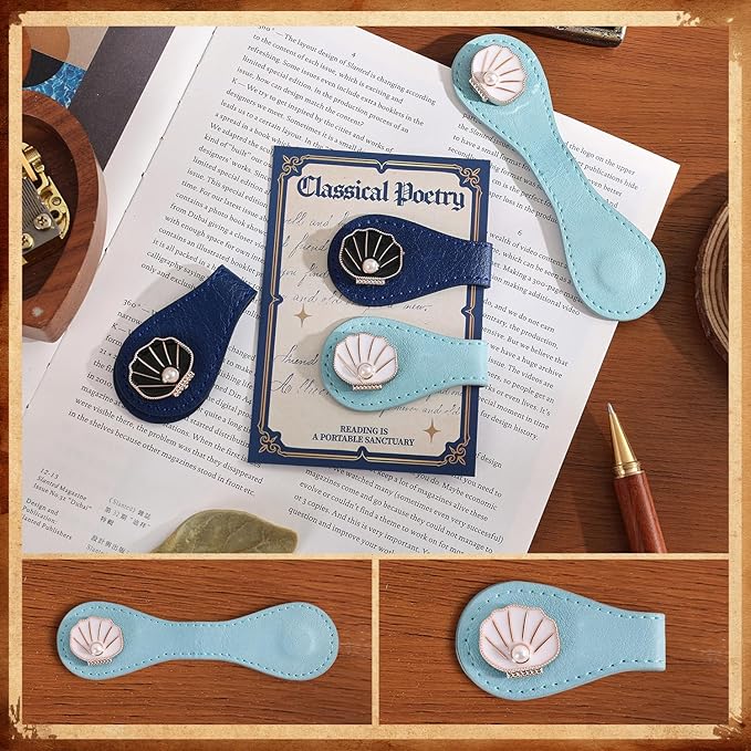 2PCS Magnetic Bookmarks with Pen Clip, Leather Bookmarks for Women, Magnetic Pen Holder Book Accessories, Gold Shell