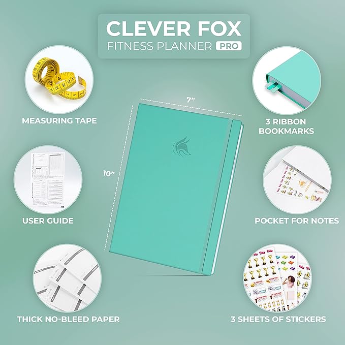Clever Fox Fitness Journal PRO – Daily Workout Planner with Meal Planner & Habit Tracker – Gym Exercise Log Book for Women & Men – Fitness Planner Notebook – Lasts 6 Months, 7x10” - Turquoise
