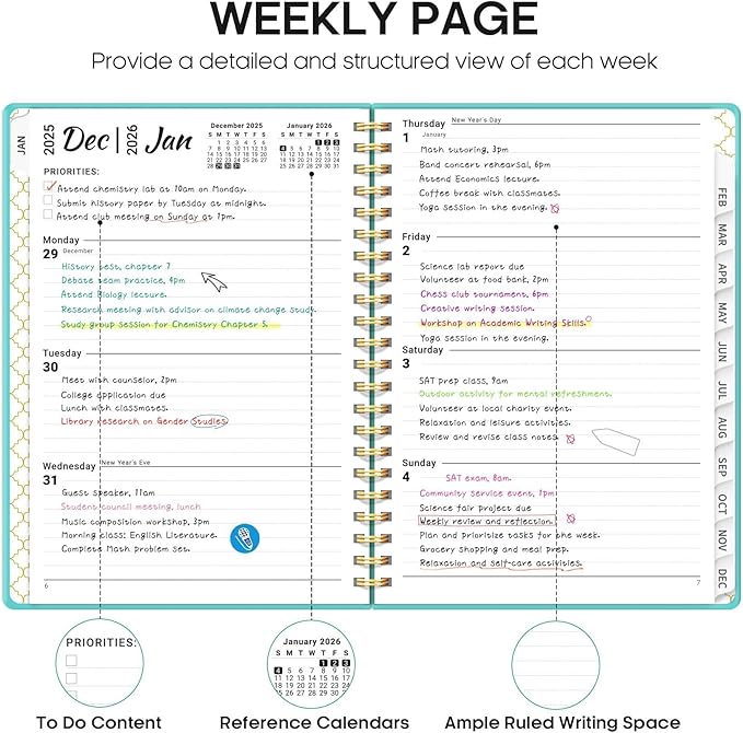 2026 Planner, Weekly and Monthly Calendar Planner, January 2026 - December 2026, Hardcover 2026 Calendar Book with Tabs For Women & Men, Inner Pocket, Spiral Bound, Perfect for Office Home School Supplies - A5 (6.3" x 8.5"), Aquamarine