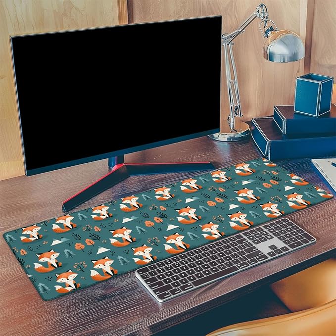 Adorable Fox Gaming Mouse Pad, Extended Cute Cartoon Foxes Print Desk Mat Computer Laptop Mousepad, Robust Stitched Edges, 31.5"×11.8" Large Office Keyboard Mouse Pads for Home Desktop Decor