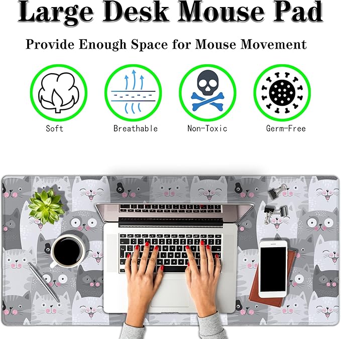 Keyboard Mouse Pad Funny Gray Cats, Large Mousepads Computer Desk Mat, XXL Gaming Mouse Pad Non-Slip Rubber Base Waterproof with Stitched Edges, 35.4 X 15.7 inch for Work/Game/Office/Home