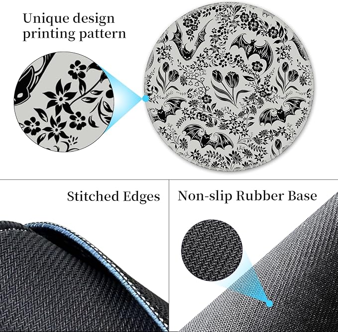 Goth Bat Floral Mouse Pad for Desk, Gothic Small Cute Mousepad with Non-Slip Base, Round Mouse Pads for Wireless Mouse Laptop Gaming, Computer Mouse Mat for Office Decor Desk Accessories