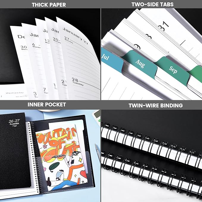 Planner 2026-2027- 2026-2027 Planner Weekly and Monthly, Academic Planner 2026-2027, JUL. 2026 - JUN. 2027, 9" x 11", Weekly Monthly Planner with Colorful Tabs, Waterproof Cover, Twin-wire Binding, Back Pocket - Black