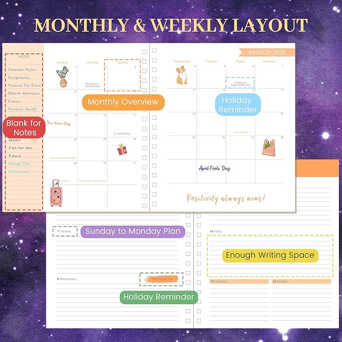 CAGIE 2026 Planner Weekly and Monthly Dec 2025-Dec 2026 Hard cover Calendar Planners with Stickers 26 Planner for Women with Tabs Spiral Bound Yearly Agenda, Purple, 8.3"x9.1"