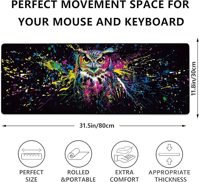 Owl Gaming Mouse Pad, Large Desk Mat for Computer, Extended Keyboard Laptop Mouse Pads, 31.5×11.8in Non Slip Rubber Mousepad for Office Decor Gifts(color4)