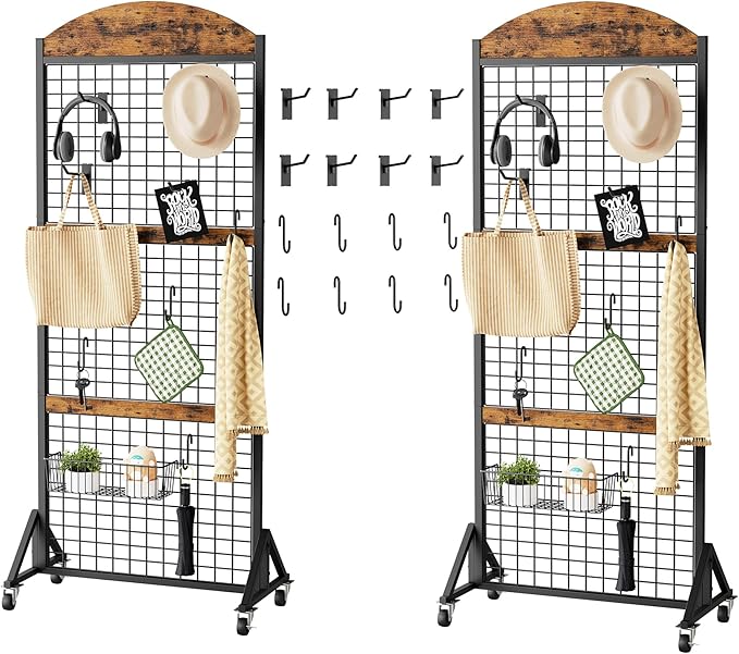Grid Wall Panel 5.7' x 2' FT Grid Display Rack, 2 Pack Movable Gridwall Display Stand with 8 S-Shaped Hooks and 8 Garment Hooks, Floorstanding Wire Grid Rack, Rustic Brown and Black TCJ17P2BF