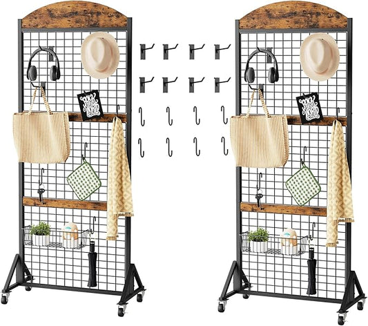 Grid Wall Panel 5.7' x 2' FT Grid Display Rack, 2 Pack Movable Gridwall Display Stand with 8 S-Shaped Hooks and 8 Garment Hooks, Floorstanding Wire Grid Rack, Rustic Brown and Black TCJ17P2BF