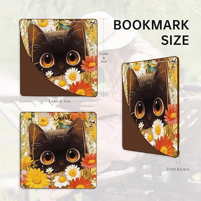 2 Pack Cat Hiding in The Flowers Leather Book Corner Bookmark, Durable Handmade Reading Accessories - Gifts for Readers, Women, Men, Teachers, Students 3