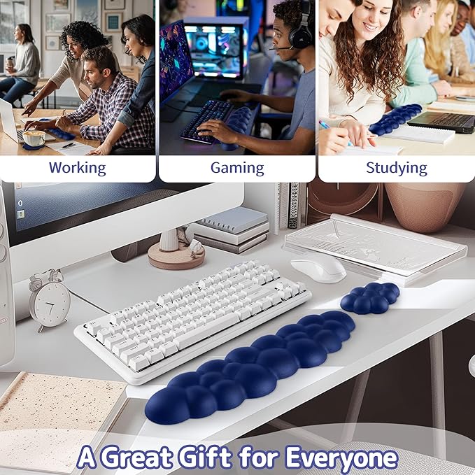 Cloud Wrist Rest Keyboard, Cloud Keyboard Wrist Pad Set with PU Leather Memory Foam, Cute Arm Rest for Palm Support, PC/Gaming Desk Accessories/Office Setup/Computer Hand Cushion - Dark Blue