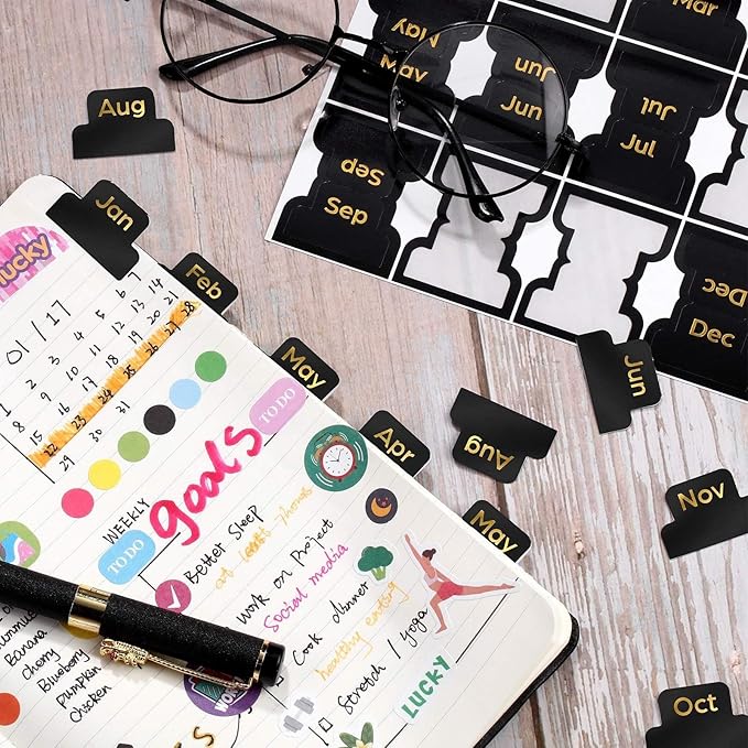 Outus 24 Pieces Monthly Adhesive Tabs for Planner - Designer Accessories Monthly Tabs Stickers Decorative for Office Planners Organizations Sturdy Notebook Planners Journal(Black)