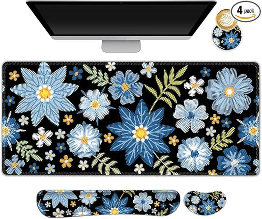Large Gaming Mouse Pad Set, 4 in1 Ergonomics Keyboard Desk Mat with Memory Foam Wrist Rest, Computer PC Extended Game Mousepad, Non-Slip Desk Pad Matt Easy Typing Pain Relief I Forget-me-not