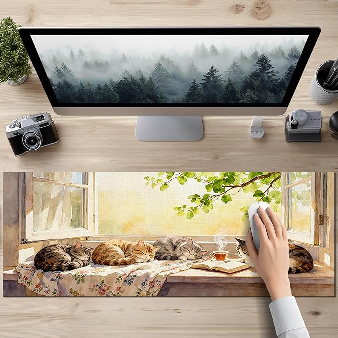 Cat XL Mouse Pad 31.5 x 11.8 Inch Gaming Mousepad Diatomite Large Keyboard Mouse Pad for Home and Office Desk Accessories with Peaceful Sunlit Window Cats Illustration