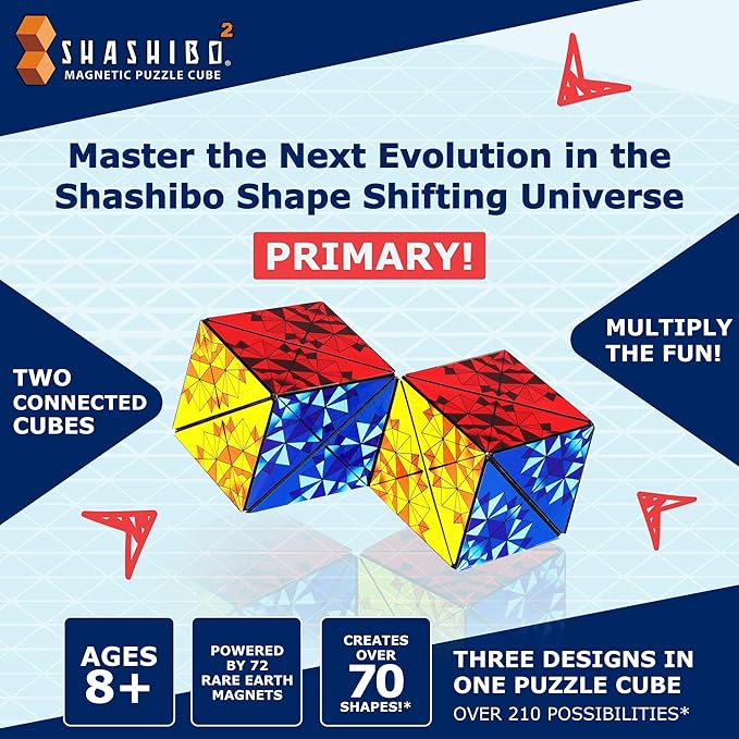 Shashibo Squared Shape Shifting Box – Next Generation XL STEM Puzzle Fidget Toy with Ultra Strong Magnets, Perfect Sensory Gift – Pairs w/All Shashibo Cubes (Primary)