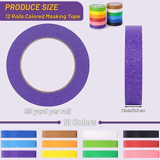 12 Rolls Colored Masking Tape-1 inch x 660 Yards Painters Tape, Rainbow Colors Rolls Bulk Colorful Paper Marking Tape Decorative Arts Crafts Labeling DIY Home Office Supplies