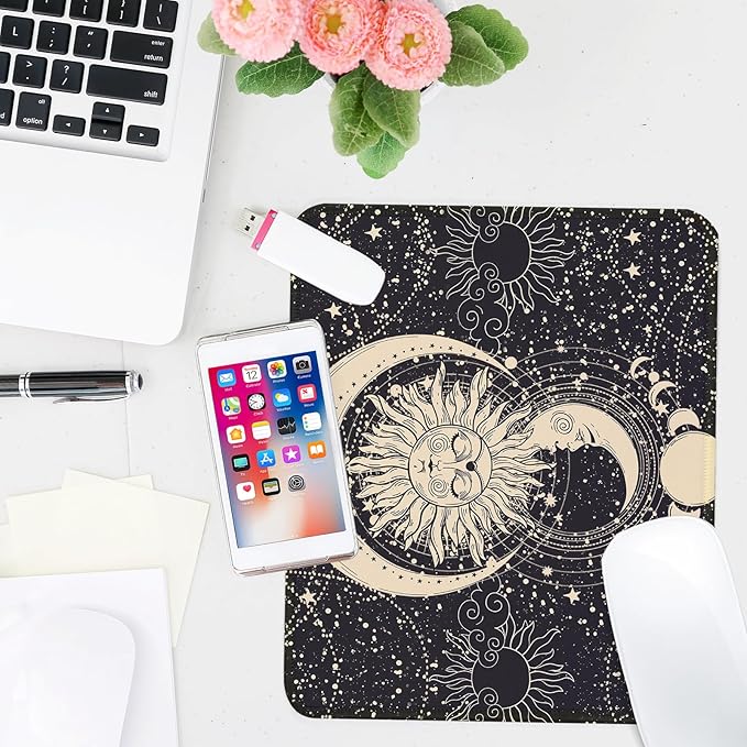 Moon and Sun Square Mouse Pad,Non-Slip Rubber Base Mouse Pad, Home Office Decoration Desktop Accessory,Laptop Mouse Pad for Office Laptops,9.4x7.8x0.12inch.