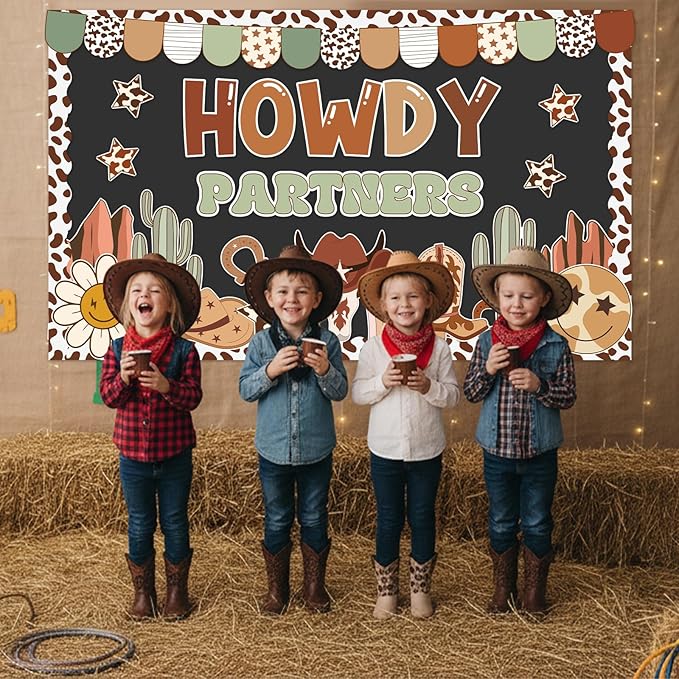 Western Cowboy Bulletin Board Decoration Set Retro Groovy Classroom Decorations Howdy Partners West Cowboy Themed Paper Cutouts for Classroom School Home Wall Chalkboard Office Party Decor Supplies