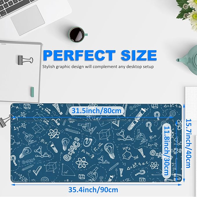 Desk Mat, Blue School Science Formula Extended Gaming Mouse Pad Large, 35.4"x15.7" Big Mouse Pad with Non-Slip Base and Stitched Edge, Long Computer Keyboard Mouse Mat for Home Office Work