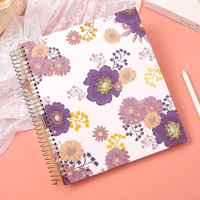 CAGIE Hardcover Spiral Journal Notebook 8.5 x 11, 200 Pages Floral Spiral Notebook with Pockets, Large Spiral Bound Notebooks for Women Girls Note Taking, Purple