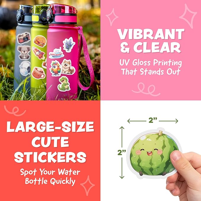 Cute Stickers for Kids - Kawaii Water Bottle Stickers for Teens - 108pc Sticker Pack - Waterproof Vinyl Stickers for Water Bottles, Scrapbook, Laptops - Valentine Stickers for Kids Classroom, Gifts
