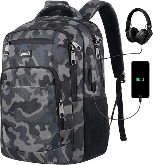 Paude 17 inch Travel Business Backpack for Men,College Backpack School Bookbag for Teens,Laptop Bookbag with USB Port and Headphone Hole,Camouflage Black