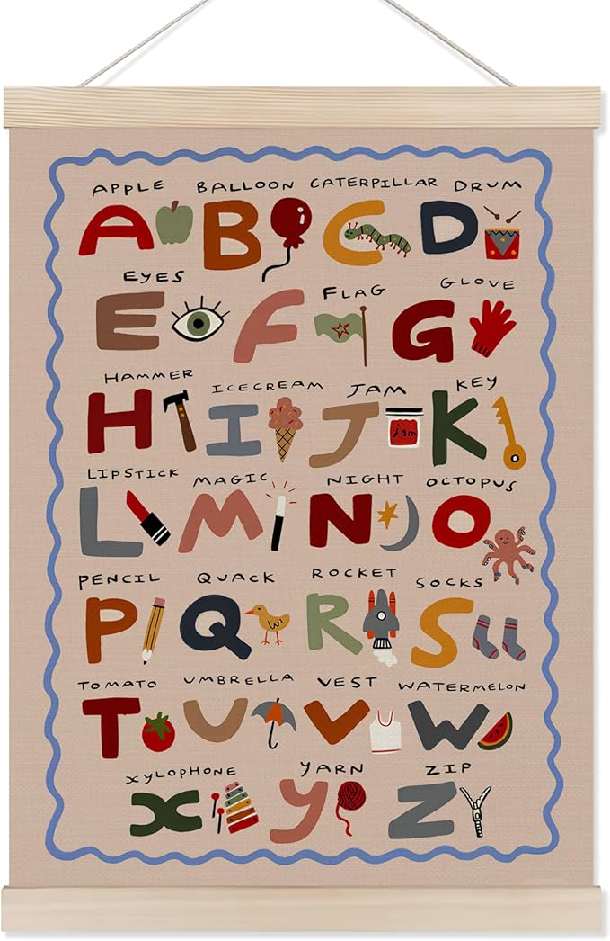 Koesus ABC Alphabet Wall Art Poster Hanger Frame 12x16 Inch, Boho Alphabet Educational Canvas Pictures Prints Framed Wall Decor for Toddler Room Classroom Playroom Nursery