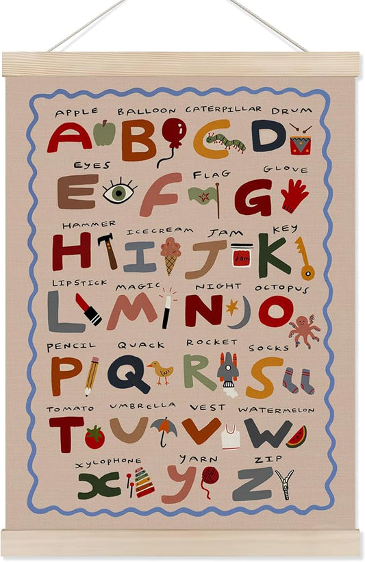Koesus ABC Alphabet Wall Art Poster Hanger Frame 12x16 Inch, Boho Alphabet Educational Canvas Pictures Prints Framed Wall Decor for Toddler Room Classroom Playroom Nursery