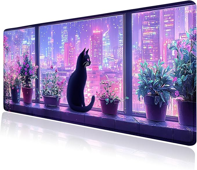 Modern Black Cat City Night Scenery Large Mouse Pad, Desk Mat Computer Keyboard Pad Non-Slip Rubber Base Waterproof with Stitched Edges for Laptop Gaming, Office & Home 31.5 x 11.8 Inch (XL-18)