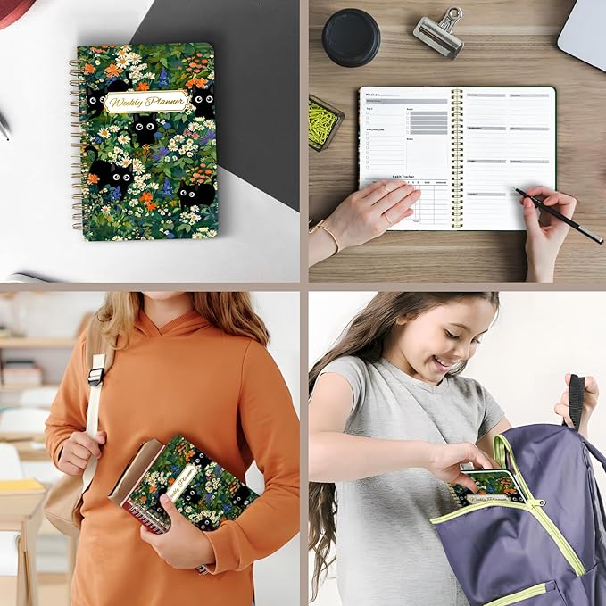 Weekly Planner Undated - 52 Weeks To Do List Notebook A5 for Work: Weekly Task, Habit Tracker Journal, Goal Setting, Agenda Sprial Bound Organizer Book Women Cute Stylish Design, Cat Garden