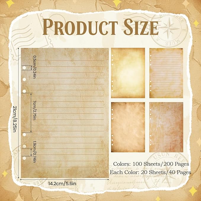 100 Sheets Vintage A5 Refills Papers for Planner Insert Binder, 120GSM Thick Antique Retro Notebook Fillers, Aged Look 6 Hole Loose Leaf Papers for Old Fashion A5 6 Ring Binder Journal Diary Christmas