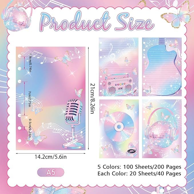 100 Sheets Watercolor A5 Planner Inserts - 120GSM Thick Gradient Music Refill Papers for A5 6-Ring Binder, Singer Loose Leaf Sheets for Journal Diary Notebook Creative Planning Budget