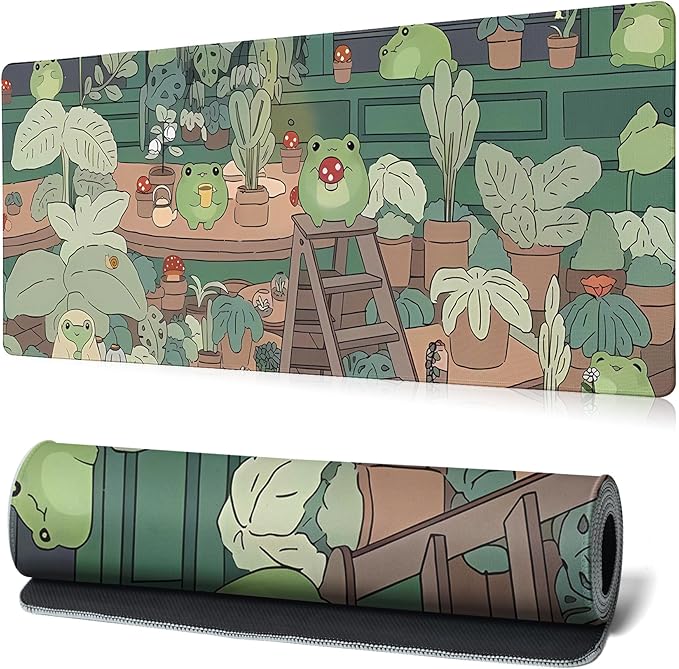 Green Bean Frog Mouse Pad Abstract Cute Frog Mouse Pad 31.5x11.8 Inch Kawaii Green Desk Decor Non-Slip Rubber Base Large Mousepad Stitched Edges Keyboard Mouse Mat Desk Pad for Office and Home