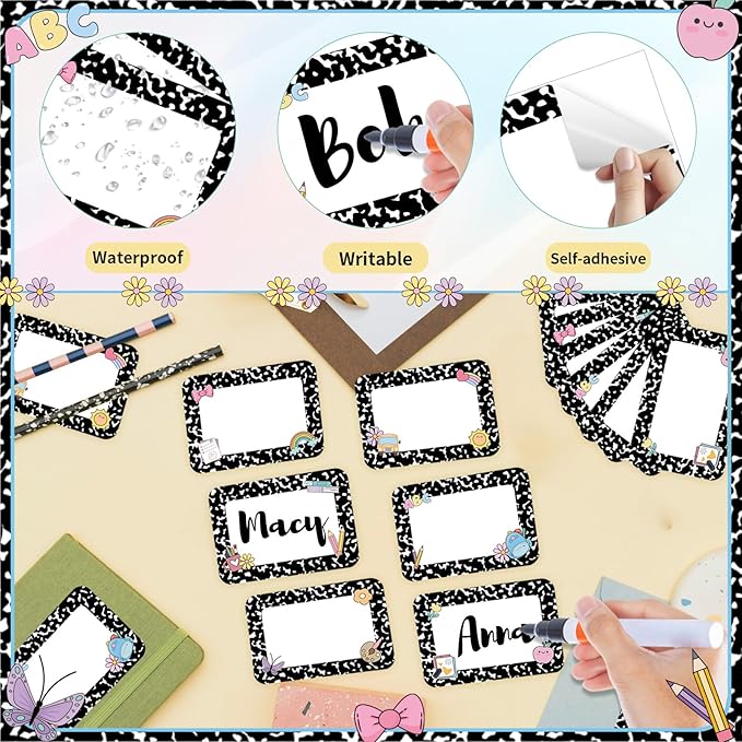 Starboling Black Name Tags,48 Pcs 3.5X2.5'' Adhesive Desk Nameplates,for Classroom Student School Supplies