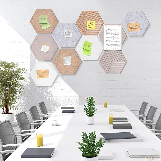 Hexagon Cork Board Tiles 10 Pack 12'' x 10'' Cork Bulletin Boards Tiles for Walls, Hexagon Small Cork Boards with 50 Wooden Push Pins, for Office Home Photos DIY Classroom Decor