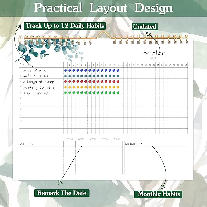 Habit Tracker Calendar - 12 Months Undated Daily Weekly & Monthly Period Habit Tracker Journal, Greenery Floral, Spiral Binding & Hanger, 7.8"x10"
