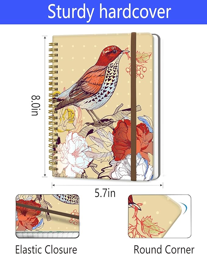 Spiral Journal Notebook, A5 Cute Notebooks for Women Men, College Ruled Hardcover Notebook for Work & Note Taking, 60 Pages Double-Wire Journals for Writing, Cute Red Bird