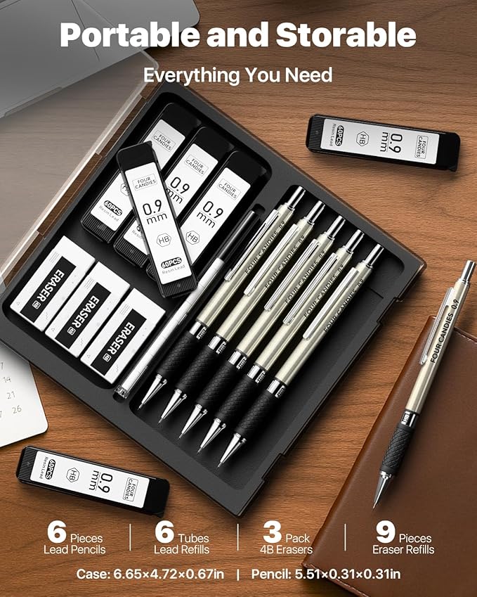 Metal Mechanical Pencil Set - 6PCS 0.9mm Art Mechanical Pencils & 360PCS HB Lead Refills & 3PCS Erasers & 9PCS Eraser Refills, Drawing Mechanical Pencils for Writing, Sketching -With Case