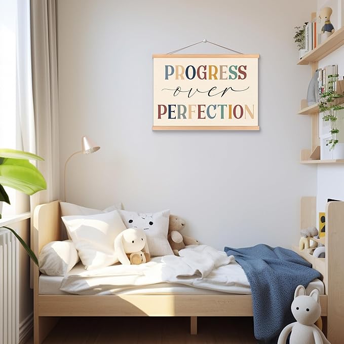 ROXMART Boho Mental Health Poster Hanger Frame, Motivational Wall Decor, Progress Over Perfection Positive Affirmation Wall Art Prints Decor for Therapy Office Classroom, 12x16 Inch