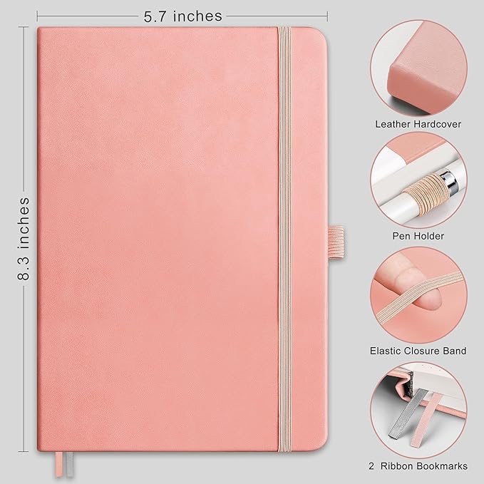 RETTACY Dotted Journal Notebook, 192 Pages, A5 Medium Size (5.7'' x 8.3''), Leather Hardcover, 100 GSM Thick Paper, for Bullet Journaling, Planning, Tracking (Pink)