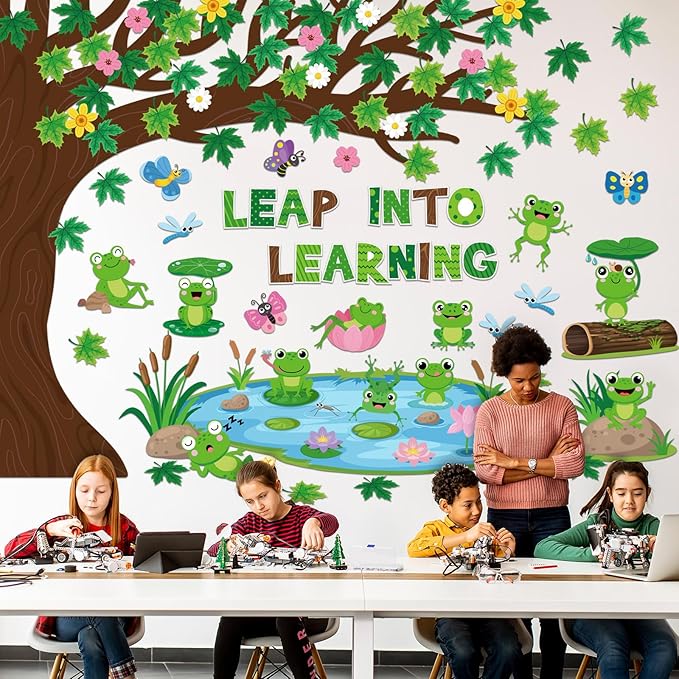 Zonon 113 Pcs Summer Frog Cutouts Bulletin Board Decorations Back to School Classroom Decorations Green Frog Cutouts with Glue Points for School Kids Office Chalkboard Passover Party Supplies