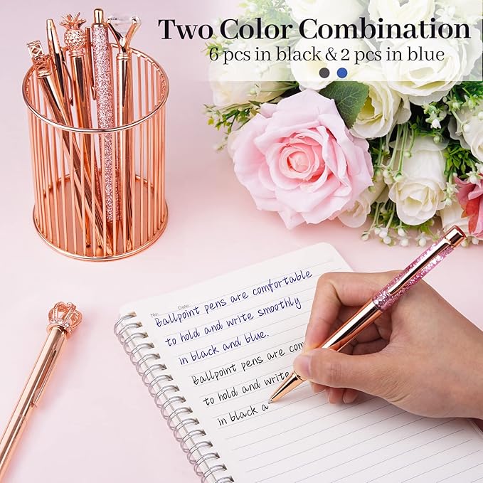 WEMATE 8Pcs Ballpoint Pens Set Metal Crystal Diamond Pen Glitter for Journaling Pen Bling in Black & Blue Ink Pretty Cute Pens Fancy Pens Mother's Day Gifts for Women Wedding School Office (Rose Gold)
