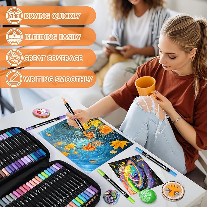 TANMIT 124 Colors Acrylic Paint Pens, Dual Tip Acrylic Paint Markers with Brush Tip and Fine Tip, Acrylic Pens for Rock Painting, Wood, Canvas, Stone, Glass, Ceramic,DIY Crafts Making Art Supplies