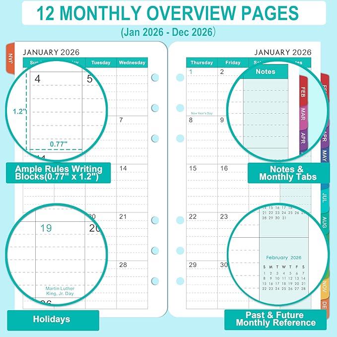 2026 Planner Refills - 4" x 7", A6 Weekly and Monthly Planner Inserts, Jan. 2026 - Dec. 2026, Planner Refills 2026, 6 Holes, Colorful Monthly Tabs