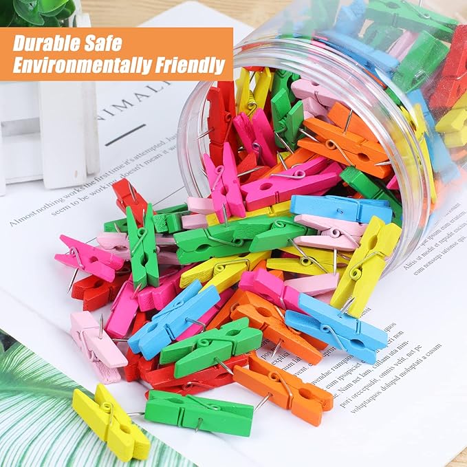 130 PCS Colorful Push Pin with Wooden Clips, Durable Wooden Push Pins, Decorative Pushpins Tacks Thumbtacks, Tacks for Cork Board Artworks Notes Photos, Craft Projects, Offices and Homes (7 Colors)