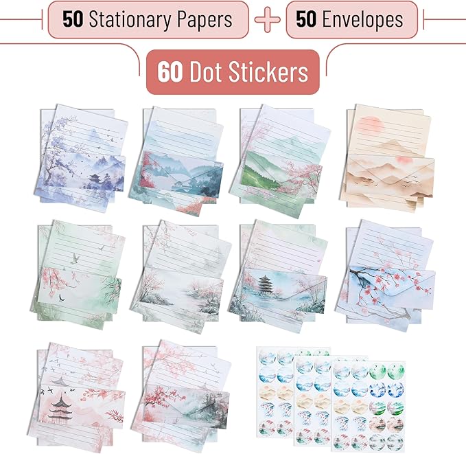 Mr. Pen- Stationery Writing Paper with Envelopes, 8.5 x 11 Inch, 160 Pack(50 Letter Writing Paper with 50 Envelopes and 60 Round Dot Sticker) Cherry Blossoms Cute Stationary Set with 10 Design