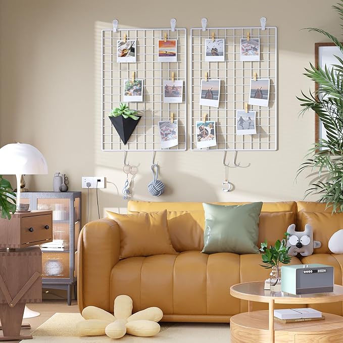 C&AHOME Photo Wall Display Set of 2, Grid Panel with Hooks, Clips, Hemp Cord, Hammer - 17.7" x 25.6", White UWWGM4565W