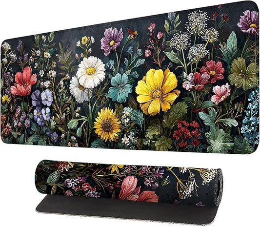 Desk Mat, XXL Extended Gaming Pad for Desktop, 31x12 Inches Vibrant Floral Bouquet, Large Non-Slip Vegan Leather Keyboard Mouse Mat for Home Office