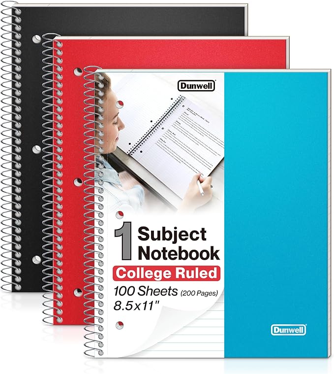 Dunwell 1 Subject College Ruled Notebooks, (3-Pack, Red, Blue, Black) Spiral Notebooks 8.5 x 11, Plastic Covers, Poly Pocket Dividers, 100 Sheets (200 Pages), 3-Hole Punched Perforated Paper