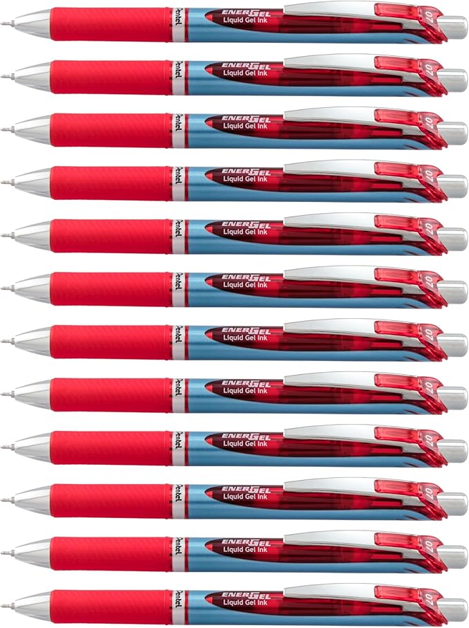 Pentel EnerGel Deluxe RTX Retractable Liquid Gel Pen, Medium Line, Needle Tip, Red Ink, Box of 12 (BLN77-B)